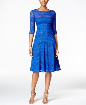 Sangria Sequined Illusion Lace Fit & Flare Dress