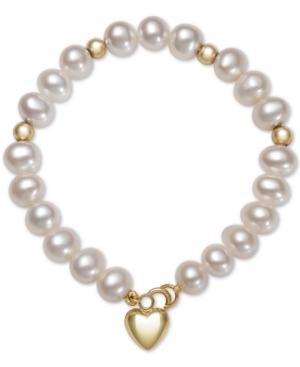 Children's Cultured Freshwater Pearl (5mm) Heart Charm Bracelet In 14k Gold