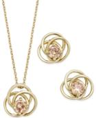 City By City Gold-tone Pink Crystal Love Knot Pendant Necklace And Matching Stud Earrings