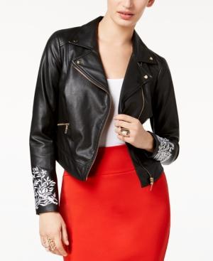 Thalia Sodi Embroidered Faux-leather Moto Jacket, Created For Macy's
