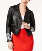 Thalia Sodi Embroidered Faux-leather Moto Jacket, Created For Macy's