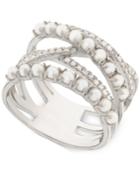 Cultured Freshwater Pearl (2mm) & Diamond (1/4 Ct. T.w.) Crisscross Ring In Sterling Silver