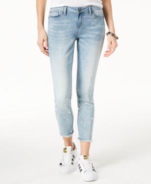 Blue Desire Juniors' Cropped Faux-pearl Skinny Jeans