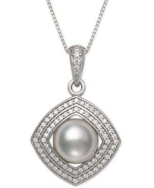 Cultured Freshwater Pearl (8mm) & Cubic Zirconia 18 Pendant Necklace In Sterling Silver