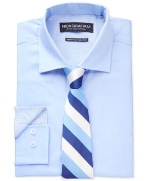 Nick Graham Fitted Solid Blue Chambray Dress Shirt And Navy Multi-stripe Slim Tie