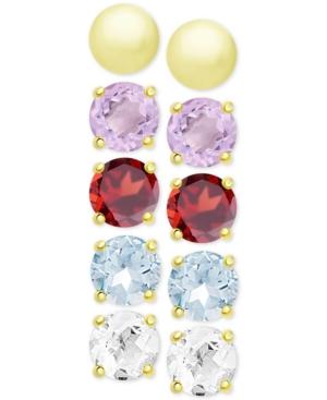 5-pc. Set Multi-gemstone And Metallic Stud Earrings In 18k Gold-plated Sterling Silver