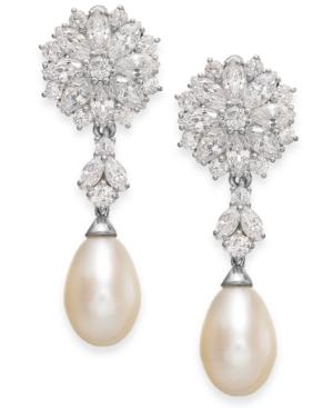 Arabella Cultured Freshwater Pearl And Swarovski Zirconia Drop Earrings In Sterling Silver (8mm)