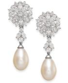 Arabella Cultured Freshwater Pearl And Swarovski Zirconia Drop Earrings In Sterling Silver (8mm)