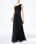 Adrianna Papell Embellished Lace One-shoulder Gown