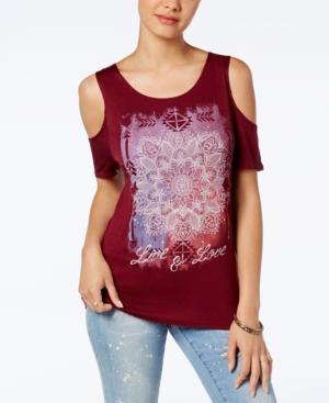 Rebellious One Juniors' Live Love Cold-shoulder Graphic T-shirt
