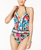 Bleu Rod Beattie Two Of A Kind Floral-print Plunging One-piece Swimsuit Women's Swimsuit