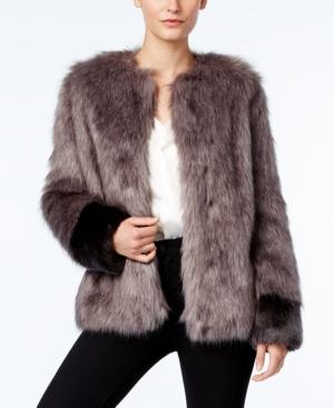 Vera Wang Coat Collarless Faux-fur Contrast Coat