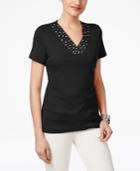 Karen Scott Petite Embellished V-neck Top, Created For Macy's