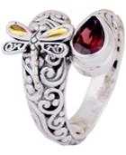 Sweet Dragonfly Classic Sterling Silver Ring Embellished By 18k Gold Accents On 4 Strips Of Dragonfly's Wings And Garnet