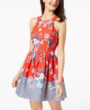 Trixxi Juniors' Printed Lace-up Fit & Flare Dress