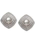 Cultured Freshwater Pearl (6mm) & Cubic Zirconia Square Stud Earrings In Sterling Silver