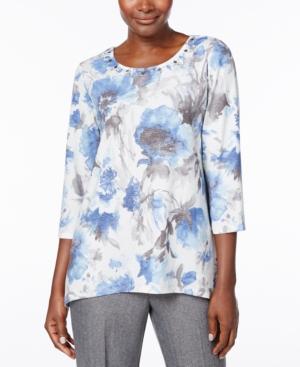 Alfred Dunner Printed Embellished-neck Top
