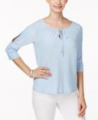 Ny Collection Petite Crochet-detail Split-sleeve Top