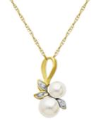 10k Gold Necklace, Cultured Freshwater Pearl And Diamond Accent Leaf Pendant