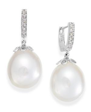 Cultured Freshwater Pearl (10mm) And Diamond (1/10 Ct. T.w.) Earrings In 14k White Gold