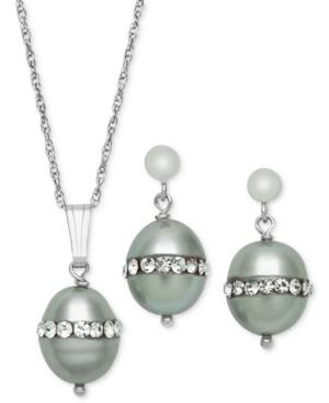 Sterling Silver Necklace And Earring Set, Gray Cultured Freshwater Pearl (8mm) And Crystal Pendant And Earring Set