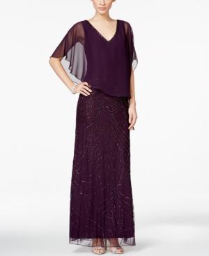 J Kara Beaded V-neck Capelet Gown