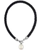 Majorica Silver-tone Imitation Pearl Black Braided Leather Toggle Necklace