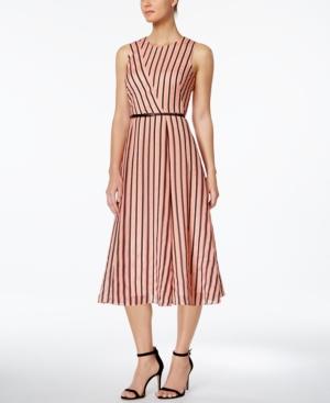 Calvin Klein Belted Striped Midi Fit & Flare Dress