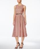 Calvin Klein Belted Striped Midi Fit & Flare Dress
