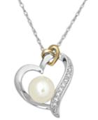 14k Gold And Sterling Silver Necklace, Cultured Freshwater Pearl (8mm) And Diamond Accent Heart Pendant