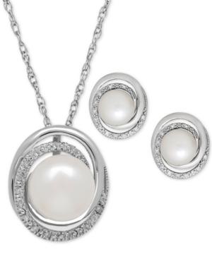 Cultured Freshwater Pearl (7 & 8mm) And Diamond Accent Pendant Necklace And Earrings Set In Sterling Silver