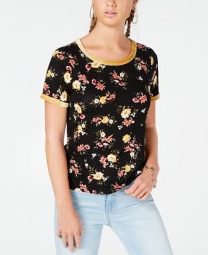 Ultra Flirt By Ikeddi Juniors' Printed Velvet-trim Ringer Top