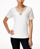 Alfred Dunner Petite Bead-trim Split-neck Top