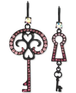 Betsey Johnson Black-tone Pave Crystal Key Mismatched Drop Earrings