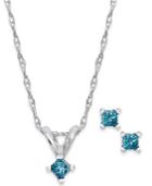 10k White Gold Blue Diamond Pendant Necklace And Stud Earrings Set (1/10 Ct. T.w.)