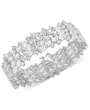 Cubic Zirconia Cluster Wide Link Bracelet In Sterling Silver