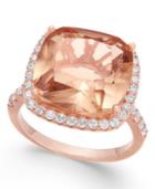 Peach Glass Stone & Cubic Zirconia Halo Ring In 14k Rose Gold-plated Sterling Silver