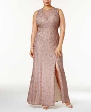 R & M Richards Plus Size Illusion Glitter Lace Gown
