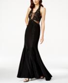 Betsy & Adam Embroidered Illusion Mermaid Halter Gown