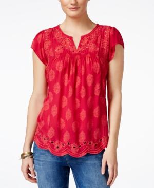 Lucky Brand Printed Embroidered Eyelet Top