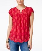 Lucky Brand Printed Embroidered Eyelet Top