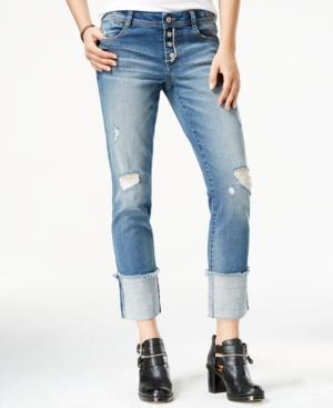 Rewash Juniors' Cuffed Ripped Button-front Medium Wash Jeans