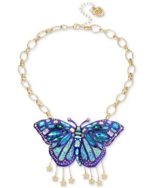 Betsey Johnson Gold-tone Glitter Stone Butterfly Statement Necklace, 17 + 3 Extender