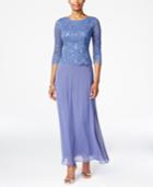 Alex Evenings Petite Three-quarter-sleeve Sequined Lace Gown