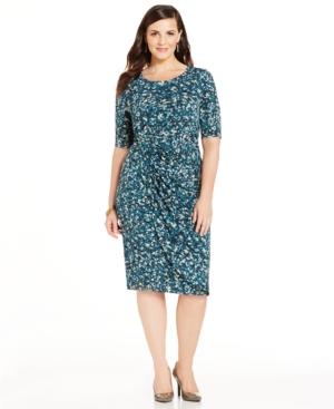 Connected Plus Size Draped Dot-print Sheath Dress