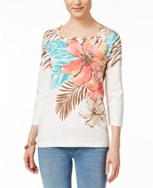 Alfred Dunner Floral-print Three-quarter-sleeve Top