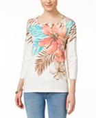 Alfred Dunner Floral-print Three-quarter-sleeve Top