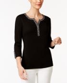 Karen Scott Petite Cotton Printed-trim Henley Top, Only At Macy's