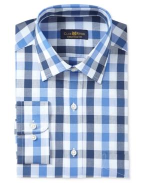 Club Room Men's Estate Classic/regular Fit Wrinkle Resistant Blue Navy Gingham Dress Shirt, Only At Macy's