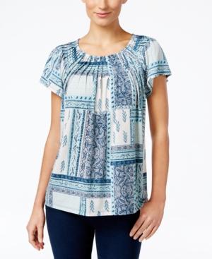 Style & Co Printed Pleat-neck Top, Created For Macy's